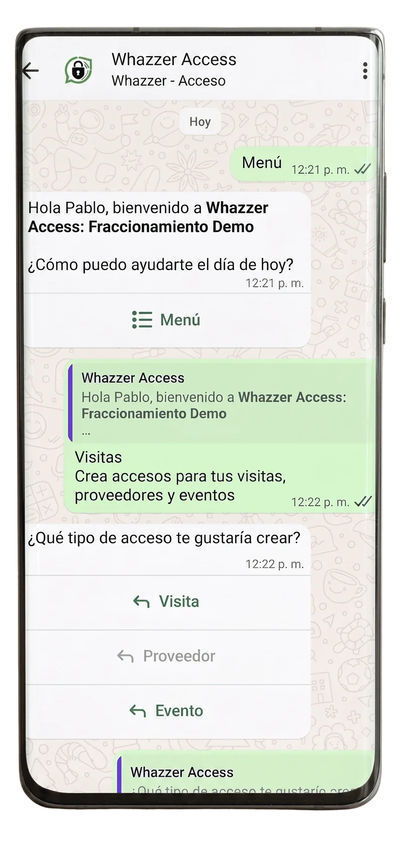 Conversación de WhatsApp con Whazzer Access: el residente escribe «Menú», el bot le da la bienvenida al Fraccionamiento Demo y le ofrece crear un acceso de tipo visita, proveedor o evento