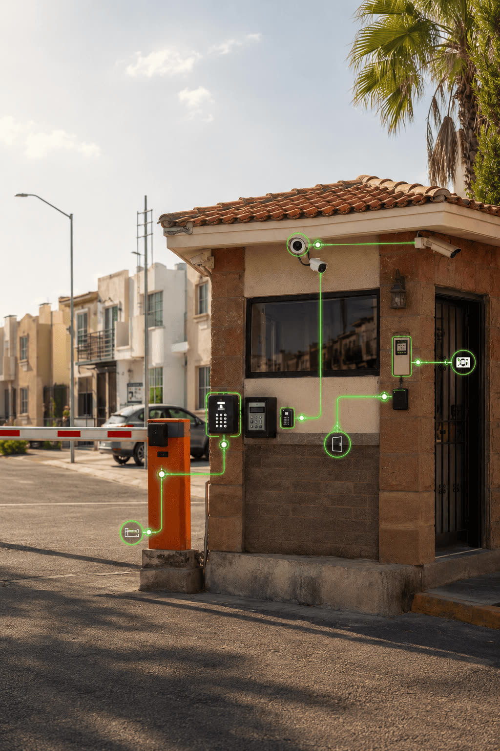 Acceso de un fraccionamiento con la pluma vehicular, la cámara, el teclado y el intercomunicador de la caseta señalados y conectados entre sí