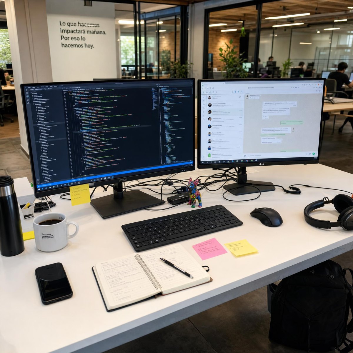 Escritorio en la oficina de Whazzer: dos monitores, uno con código y otro con una conversación de WhatsApp, junto a una libreta de notas, apuntes en post-its y una taza de café; al fondo, el resto del equipo trabajando